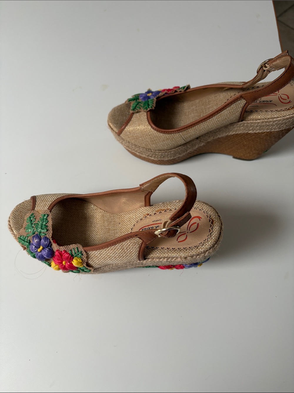 Poetic License Beige Espadrille Wedge Sandals with Multicolor Floral Embroidery